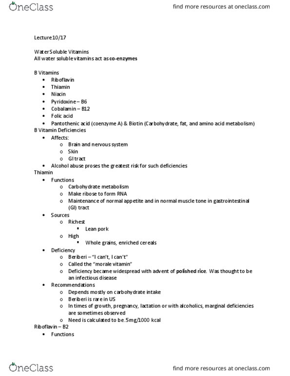 HUMNNTR 2210 Lecture Notes - Lecture 20: Riboflavin, Glycogen, Tryptophan thumbnail