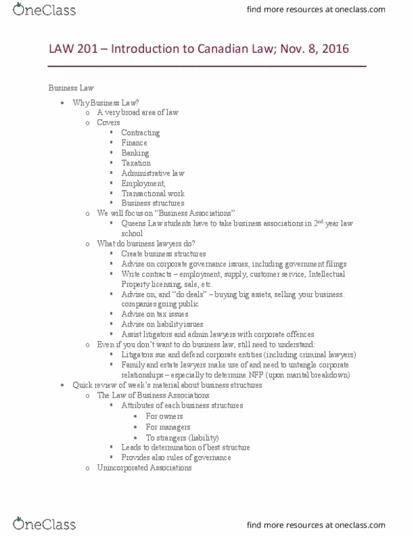 LAW 142 Lecture Notes - Lecture 9: Legal Personality, Numbered Company, Finance thumbnail