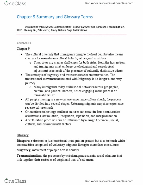 CMN 2181 Chapter Notes - Chapter 9: Ingroups And Outgroups, Culture Shock, Sage Publications thumbnail