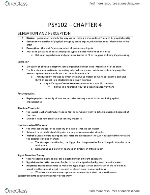 PSY 102 Chapter Notes - Chapter 4: Ponzo Illusion, Opponent Process, Superior Colliculus thumbnail