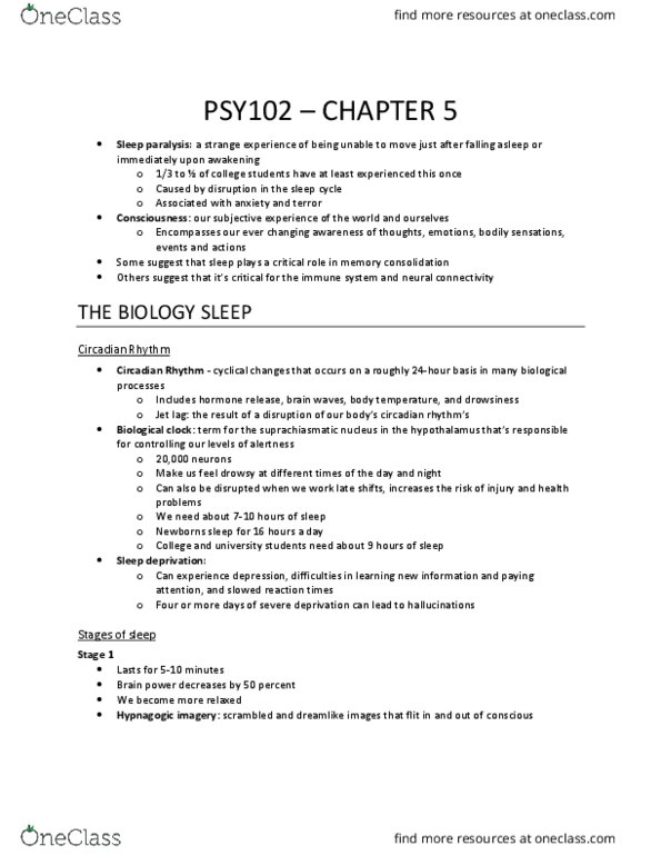 PSY 102 Chapter Notes - Chapter 5: Insomnia, White Matter, Cataplexy thumbnail