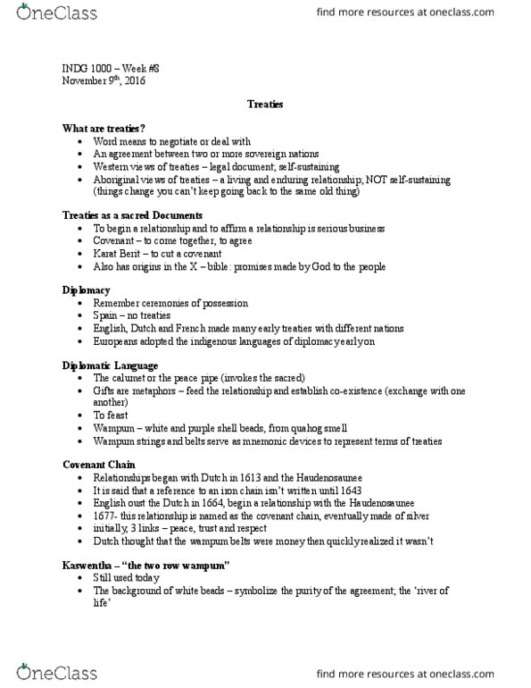 INDG 1000Y Lecture Notes - Lecture 8: Treaty 1, Manitoulin Island, Treaty 11 thumbnail