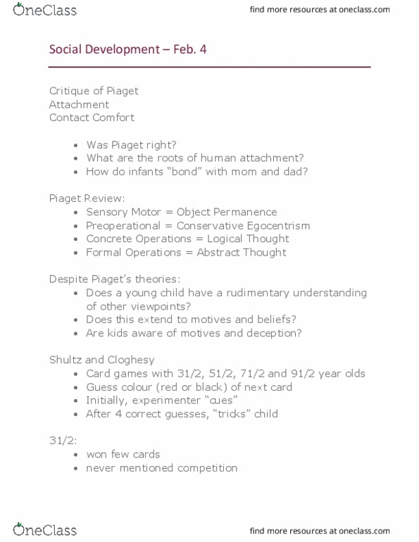 Psychology 1000 Lecture Notes - Lecture 8: John Bowlby, Broccoli, Egocentrism thumbnail