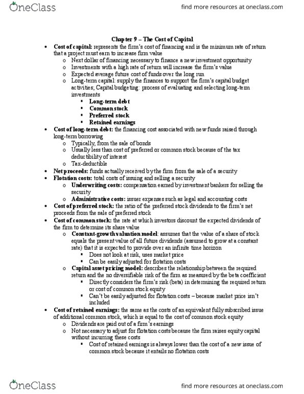 FIN 2800 Chapter Notes - Chapter 9: Capital Asset Pricing Model, Capital Structure, Preferred Stock thumbnail