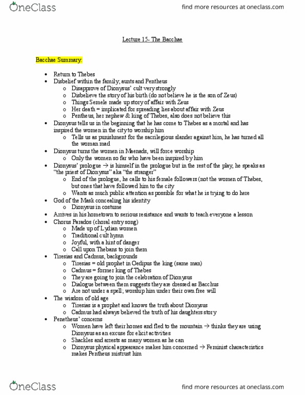 CLASSICS 1B03 Lecture Notes - Lecture 15: Pentheus thumbnail