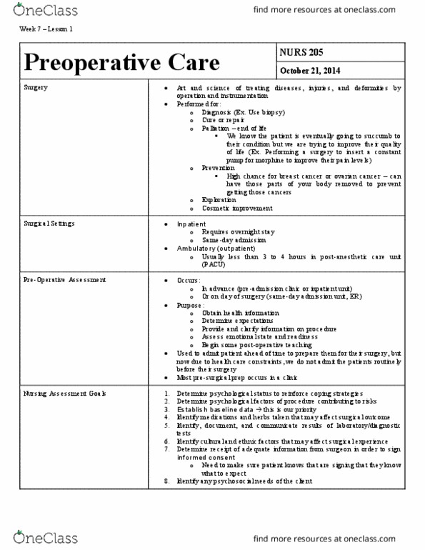 NURS 205 Lecture 7: Preoperative Care thumbnail