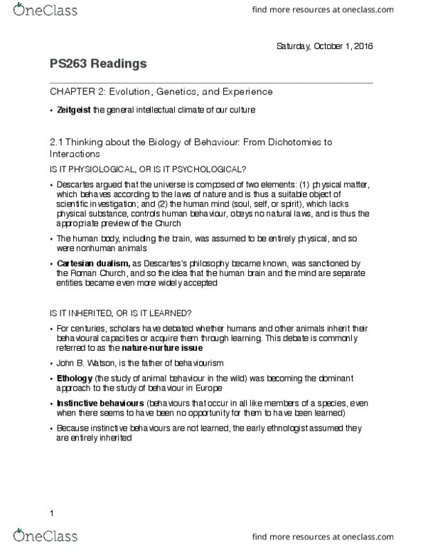 PS263 Chapter 2: CHAPTER 2 - Evolution, Genetics, and Experience thumbnail