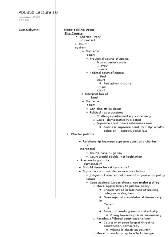 POLB50Y3 Lecture Notes - Lecture 10: Parliamentary Sovereignty, Liberal Democracy, Section 33 Of The Canadian Charter Of Rights And Freedoms thumbnail