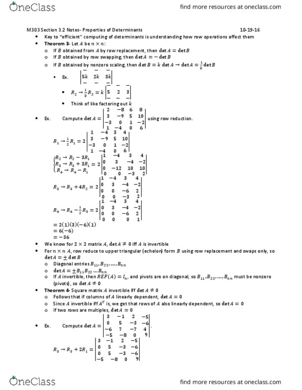 MATH-M 303 Lecture Notes - Lecture 14: Laplace Expansion, Triangular Matrix, Linear Independence thumbnail