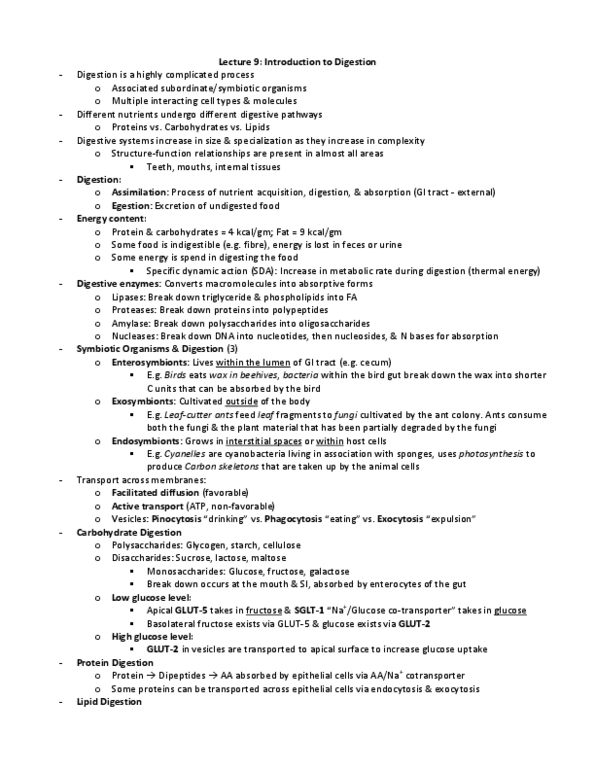 BIOL370 Lecture Notes - Lecture 9: Specific Dynamic Action, Glut5, Gastrovascular Cavity thumbnail