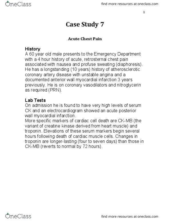 Pathology 2420A Lecture Notes - Lecture 7: Myocardial Infarction, Cpk-Mb Test, Coronary Artery Disease thumbnail