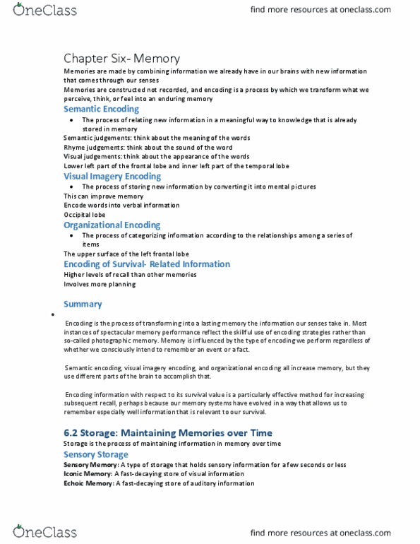 PSYO 111 Chapter Notes - Chapter 6: Memory Consolidation, Encoding Specificity Principle, Egocentric Bias thumbnail