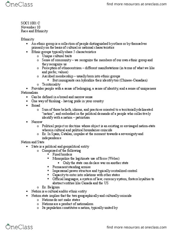 SOCI 1001 Lecture Notes - Lecture 13: Civic Nationalism, Visible Minority, Compulsory Education thumbnail