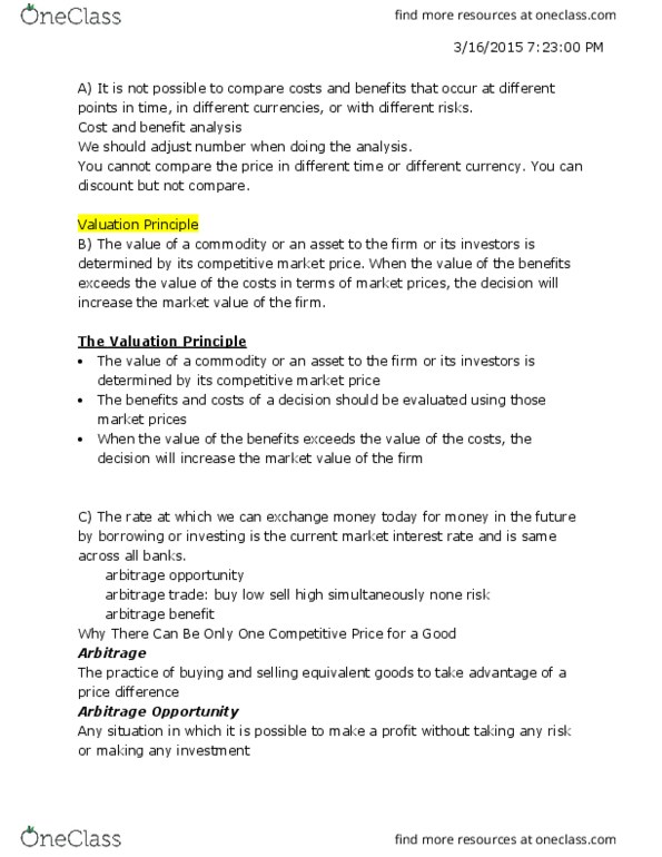 SMG FE 101 Lecture Notes - Lecture 4: Net Present Value, Risk Arbitrage, Cash Flow thumbnail