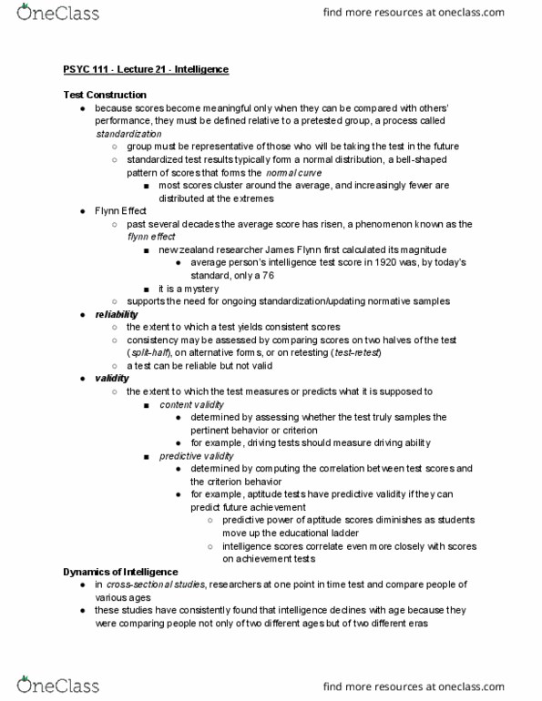 PSYC 111 Lecture Notes - Lecture 21: Content Validity, Longitudinal Study, Standardized Test thumbnail