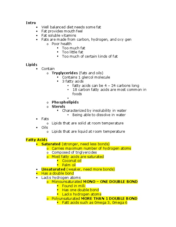 HLTH 230 Lecture Notes - Lecture 4: Polyunsaturated Fat, Conjugated Linoleic Acid, Monounsaturated Fat thumbnail