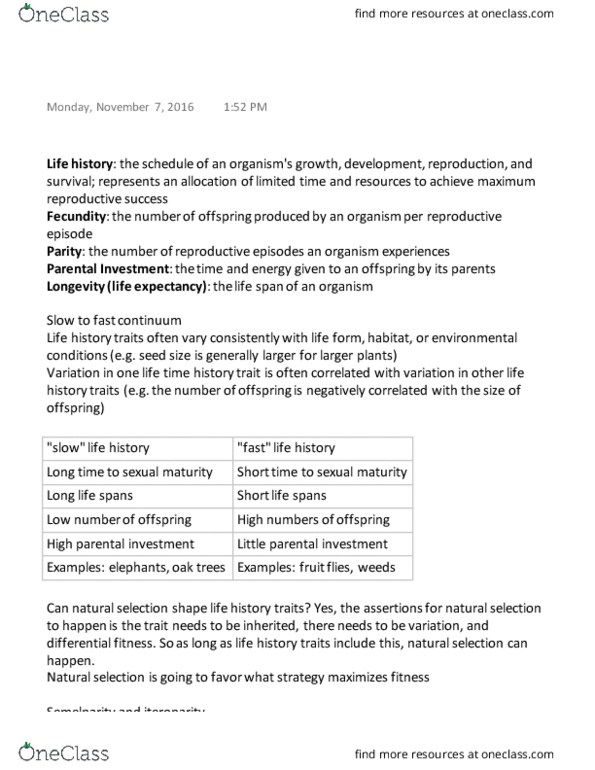 RENR 205 Lecture Notes - Lecture 31: Parental Investment, Semelparity And Iteroparity, Survivorship Curve thumbnail