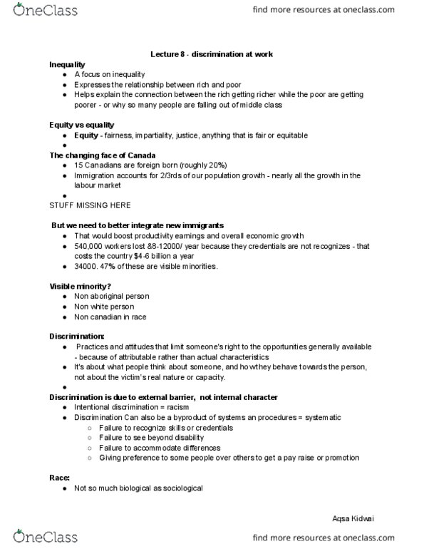 SOSC 1510 Lecture Notes - Lecture 8: Racialization, Precarious Work, Equal Pay For Equal Work thumbnail