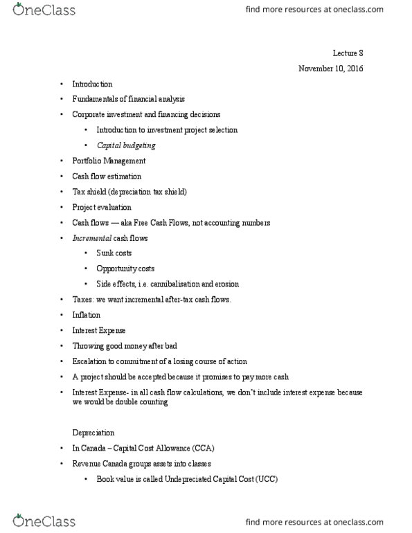 FIN 300 Lecture Notes - Lecture 8: Canada Revenue Agency, Sunk Costs, Capital Cost Allowance thumbnail