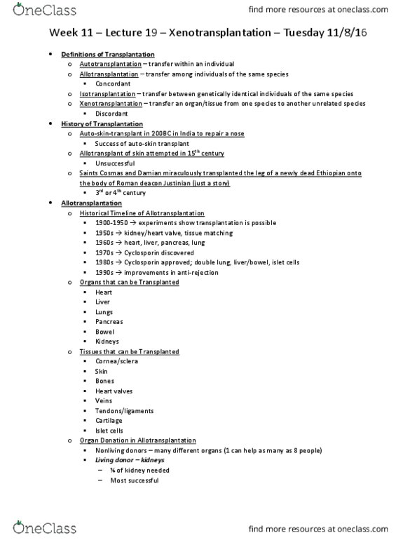 ANSC 3323 Lecture Notes - Lecture 19: Xenotransplantation, Kidney Transplantation, Allotransplantation thumbnail