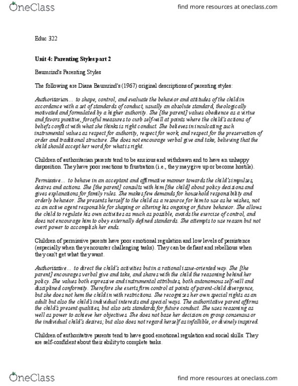 EDUC 322 Lecture Notes - Lecture 7: Parenting Styles, Family Process, Child Care thumbnail