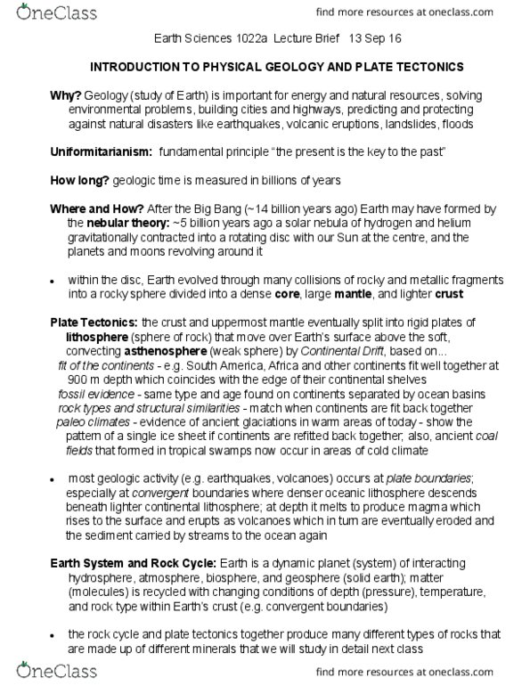 Earth Sciences 1022A/B Lecture Notes - Lecture 1: Continental Shelf, Geosphere, Uniformitarianism thumbnail