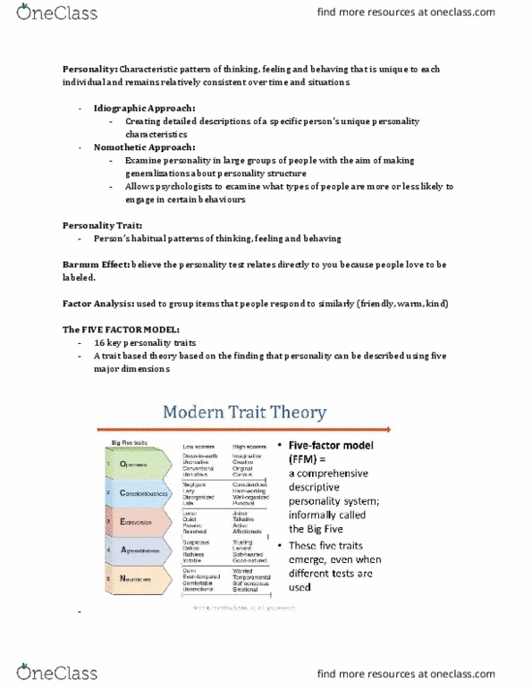 PSYC 1000 Chapter Notes - Chapter 12.1: Trait Theory, Factor Analysis, Psychopathy thumbnail
