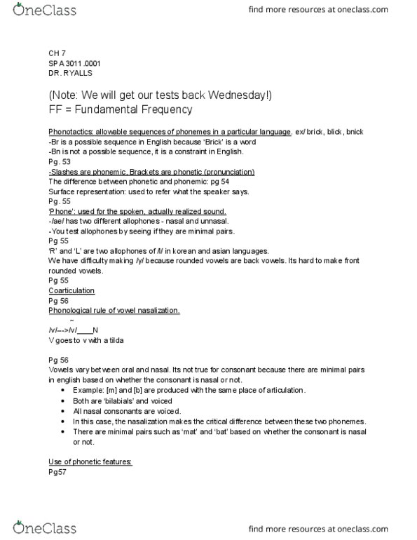 SPA 3011 Lecture Notes - Lecture 7: Front Vowel, Nasal Vowel, Nasal Consonant thumbnail