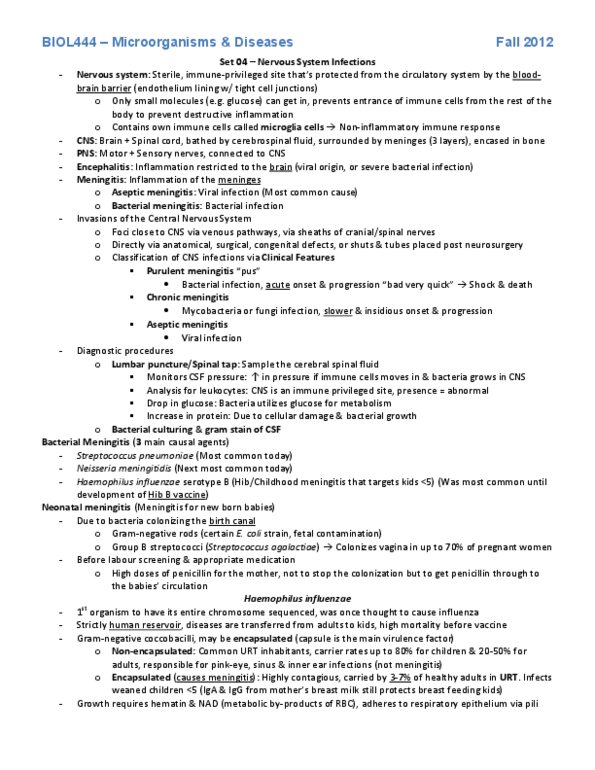 BIOL444 Lecture Notes - Aseptic Meningitis, Meningitis, Streptococcus Agalactiae thumbnail