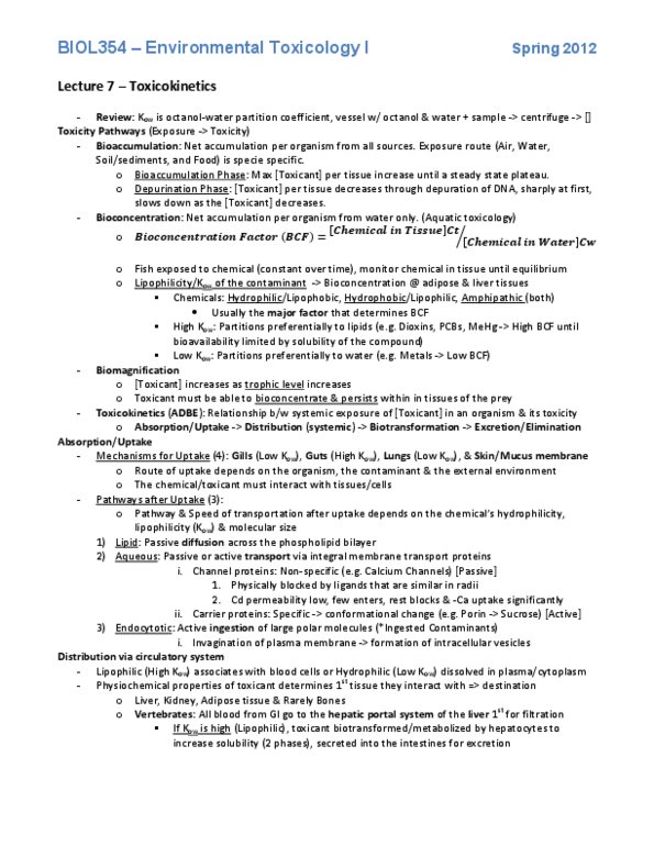 BIOL354 Lecture Notes - Lecture 7: Hepatic Portal System, Aquatic Toxicology, Bioconcentration thumbnail