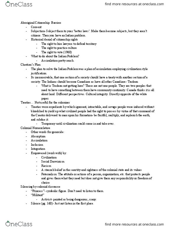 NS111 Lecture Notes - Lecture 7: Paternalism, Harold Cardinal, Social Darwinism thumbnail