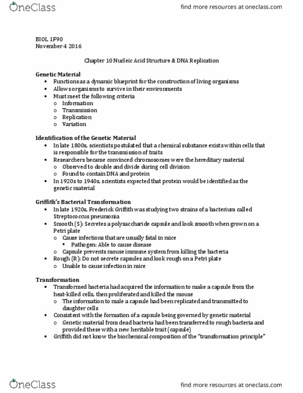 BIOL 1F90 Lecture Notes - Lecture 5: Adult Stem Cell, Deoxyribonuclease, Erwin Chargaff thumbnail