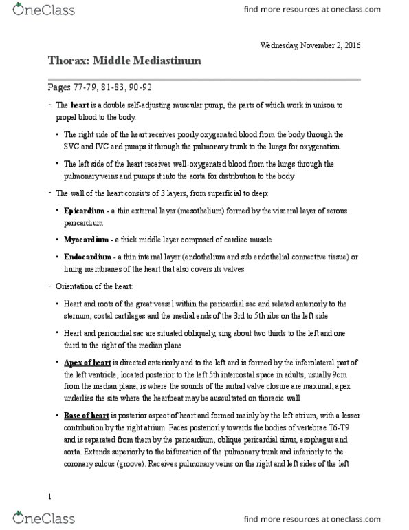 HK 3401 Lecture Notes - Lecture 16: Pericardial Sinus, Coronary Sinus, Pulmonary Artery thumbnail