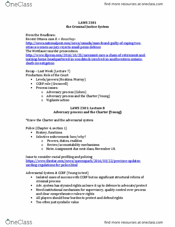 LAWS 2301 Lecture Notes - Lecture 8: Adversarial System, Selective Enforcement, Criminal Law thumbnail