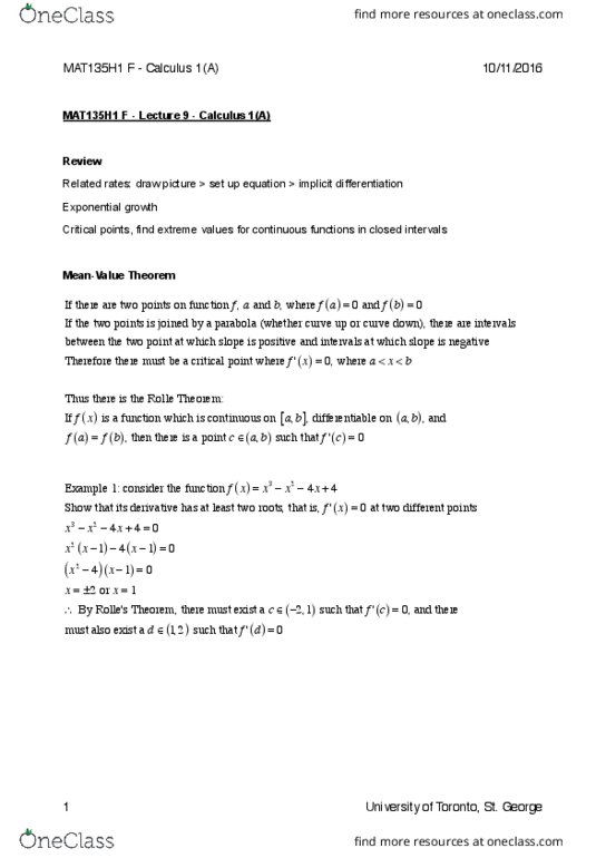 MAT135H1 Lecture 9: 10/11/16 MAT135H1 F LEC5201 Lecture 9 Notes thumbnail