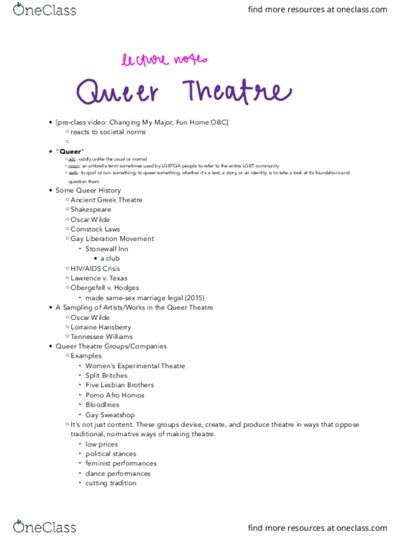 T D 301 Lecture Notes - Lecture 9: Lorraine Hansberry, Theatre Of Ancient Greece, Tennessee Williams thumbnail
