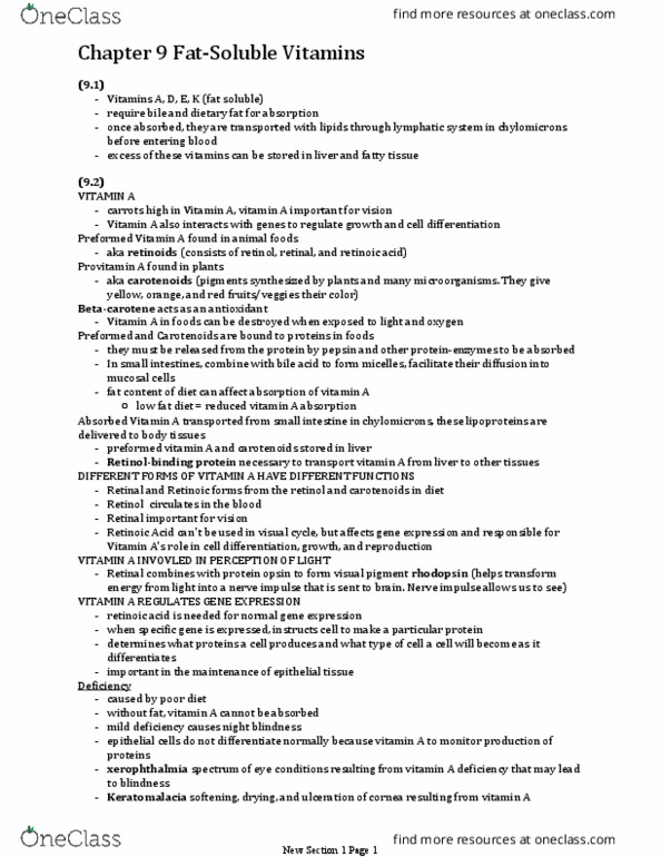 BIOS 12114 Chapter Notes - Chapter 9: Retinol, Chylomicron, Retinoid thumbnail