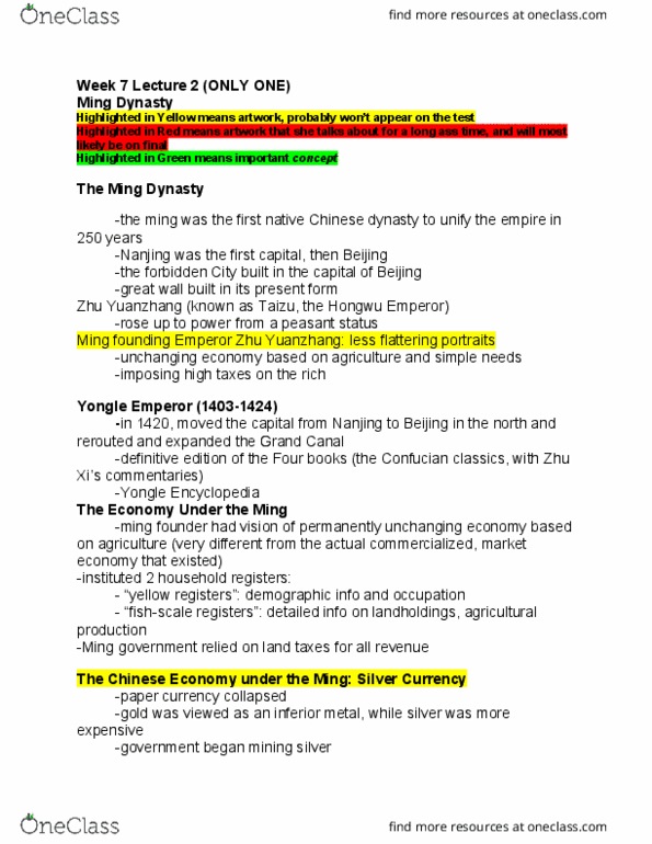 CHIN 50 Lecture Notes - Lecture 12: Hongwu Emperor, Wang Yangming, Yongle Encyclopedia thumbnail