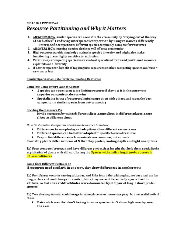 BIO120H1 Lecture Notes - Lecture 7: Interspecific Competition, Niche Differentiation, Limiting Factor thumbnail