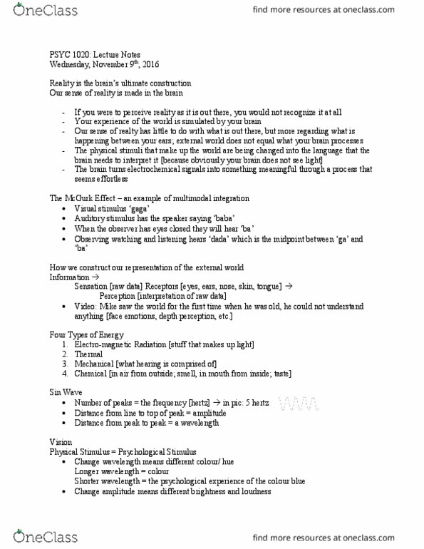 PSYC 1020H Lecture Notes - Lecture 8: Mcgurk Effect, Infrasound, Cochlea thumbnail