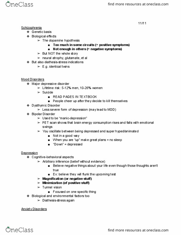 PSYCH 2010 Lecture Notes - Lecture 31: Major Depressive Disorder, Bipolar Disorder, Dopamine Hypothesis Of Schizophrenia thumbnail