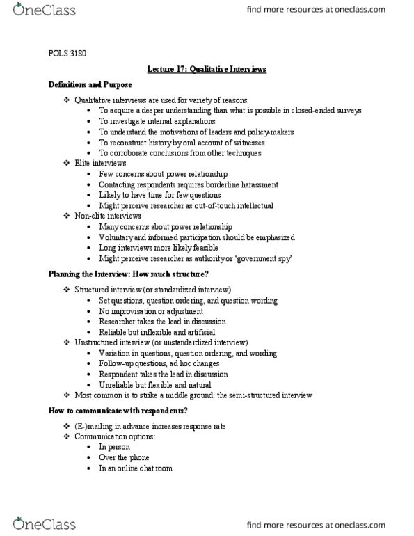POLS 3180 Lecture Notes - Lecture 17: Unstructured Interview, Structured Interview, Deeper Understanding thumbnail