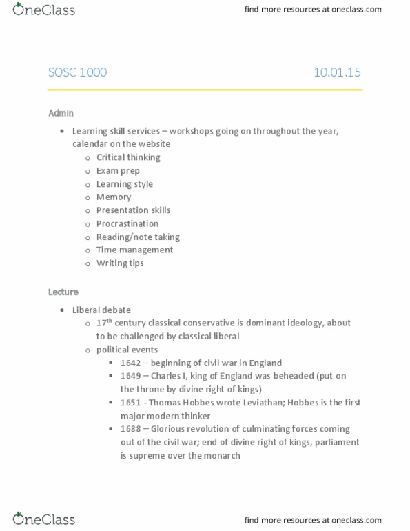 SOSC 1000 Lecture Notes - Lecture 4: French Revolution, Classical Liberalism, Limited Government thumbnail
