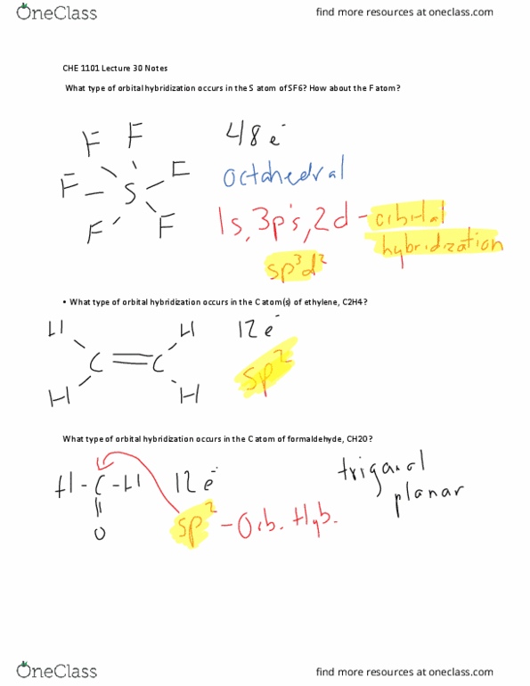 CHE-1101 Lecture Notes - Lecture 30: Orbital Hybridisation, Ethylene, Formaldehyde thumbnail