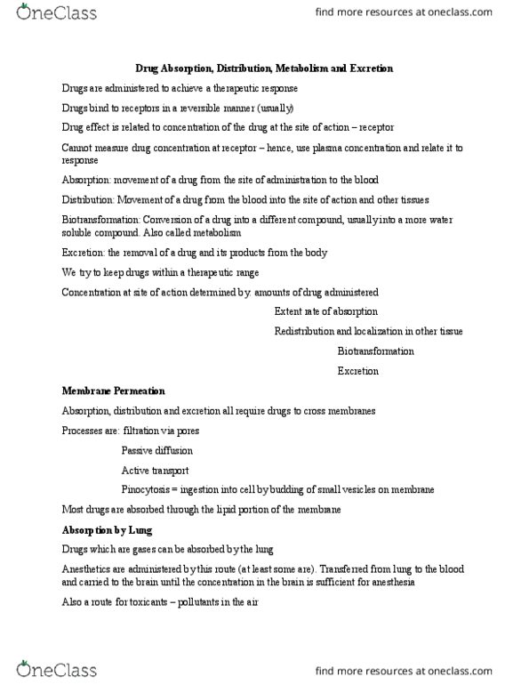 PHAR 100 Lecture Notes - Lecture 6: Dosage Form, Biotransformation, Pinocytosis thumbnail