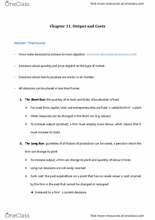 Economics 1021A/B Chapter 11: Output and Costs thumbnail