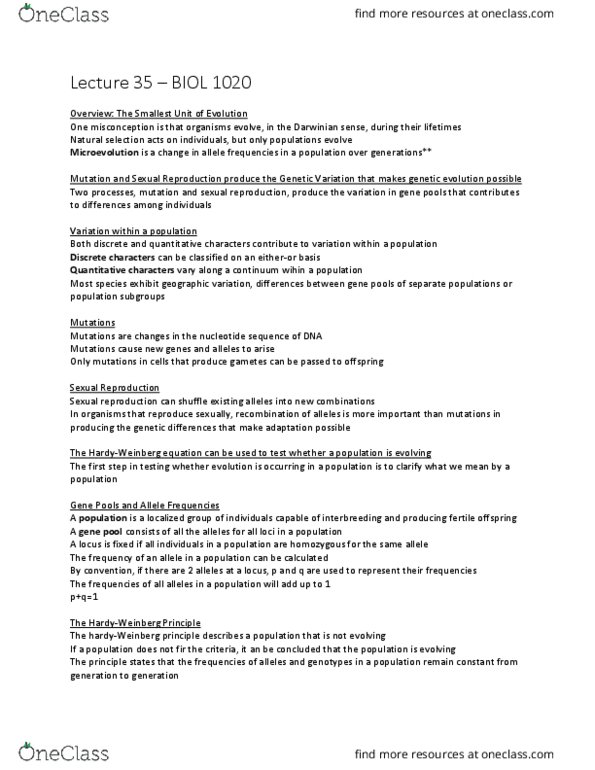 BIOL 1020 Lecture Notes - Lecture 35: Allele Frequency, Sexual Reproduction, Microevolution thumbnail