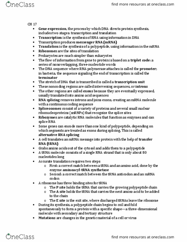 BSC-2010 Lecture Notes - Lecture 12: Genetic Code, Intron, Gene Expression thumbnail