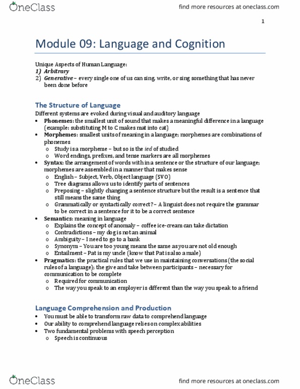 PSYCH207 Lecture Notes - Lecture 8: Object Language, Spectrogram, Speech Perception thumbnail