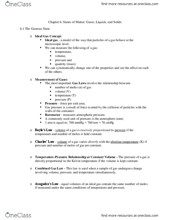 CAS CH 102 Chapter Notes - Chapter 6: Ideal Gas Law, Kinetic Theory Of Gases, Combined Gas Law thumbnail